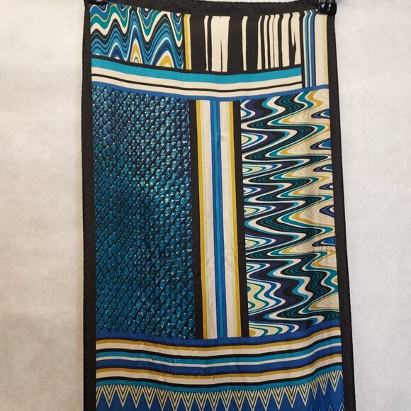 Adrienne Landau Scarf 100% Silk Geometric Brown White Aqua Blue Cravat 52" x 11" - Picture 5 of 14